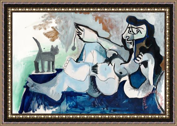 Pablo Picasso Femme Nue Couchee Jouant Avec Un Chat, 1964 Framed Print