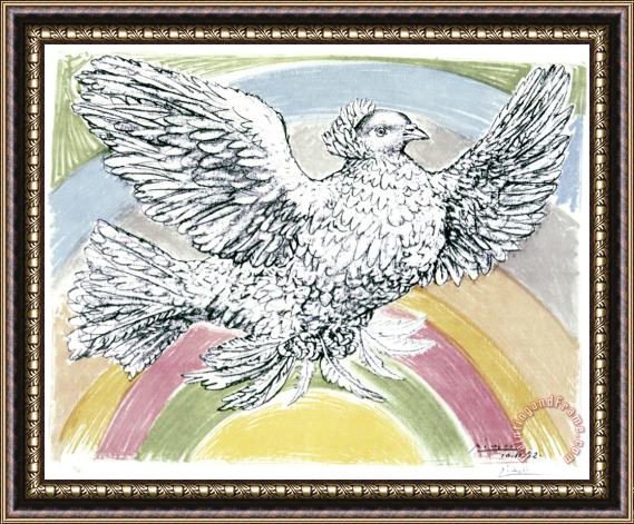 Pablo Picasso Flying Dove with Rainbow Background Framed Print