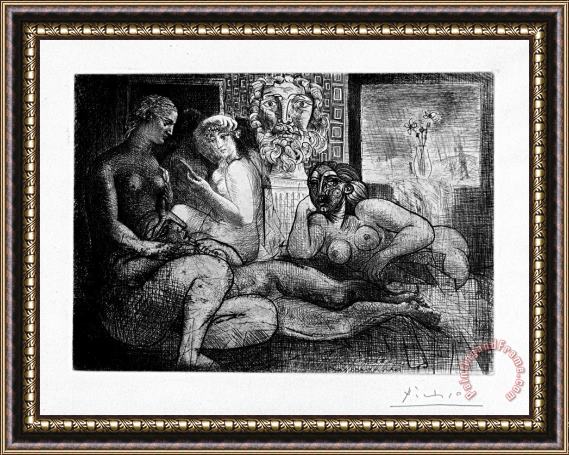 Pablo Picasso Four Nude Women And a Sculpted Head (vollard Suite Pl. 82), 1934 Framed Painting