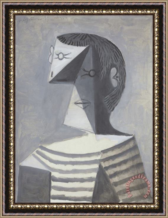 Pablo Picasso Half Length Portrait of a Man in a Striped Jersey (buste D'homme En Tricot Raye) Framed Painting