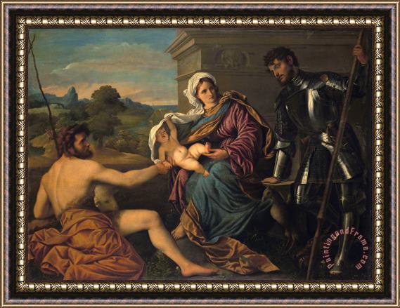 Paris Bordone Madonna And Child with Saint John The Baptist And Saint George (holy Conversation) Framed Painting