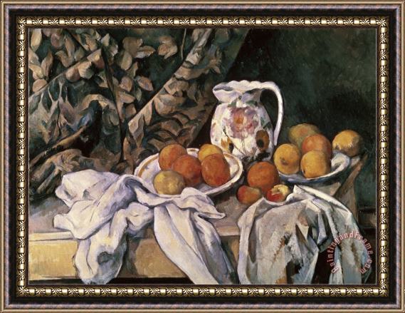 Paul Cezanne Curtain Carafe And Fruit Framed Painting