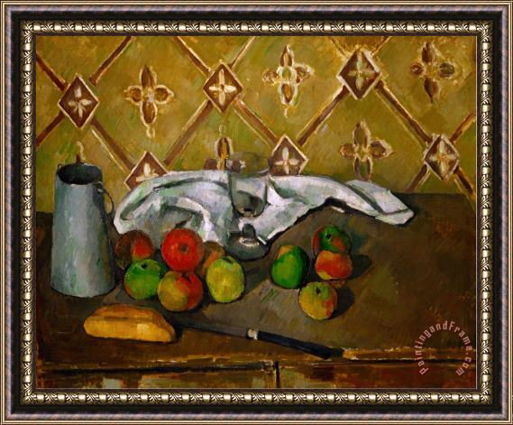 Paul Cezanne Fruits Napkin And Milk Jar Framed Painting