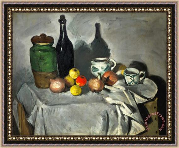 Paul Cezanne Still Life Pots Bottle Cup And Fruit Circa 1871 Framed Print