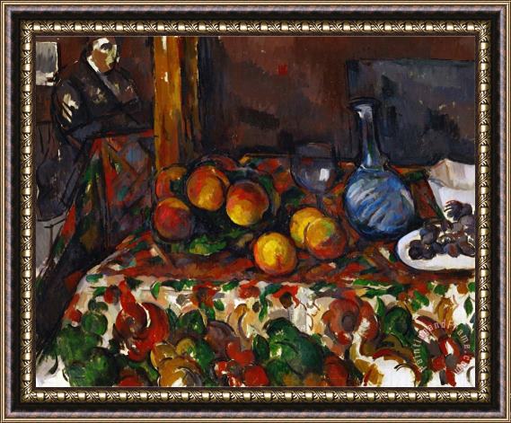 Paul Cezanne Still Life with Peaches Carafe And Figures Circa 1900 Framed Print
