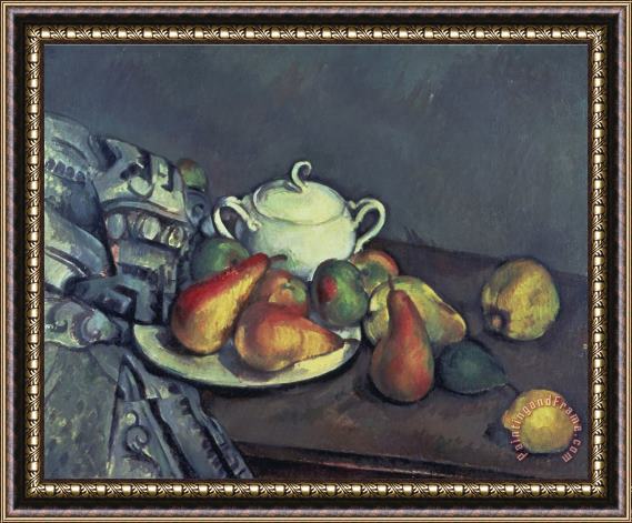 Paul Cezanne Still Life with Sugar Can Pears And Tablecloth Framed Print