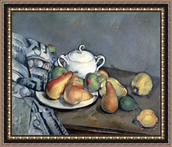 Paul Cezanne Sugar Bowl Pears And Carpet Framed Painting