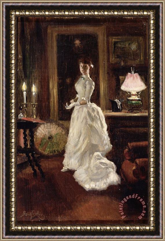 Paul Fischer  Interior scene with a lady in a white evening dress Framed Print