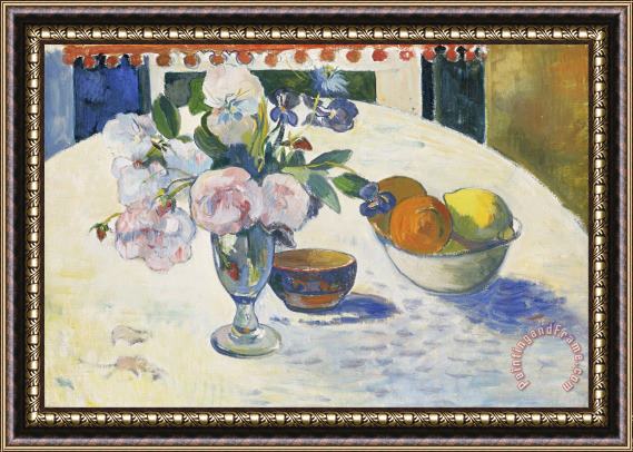 Paul Gauguin Flowers And a Bowl of Fruit on a Table Framed Painting