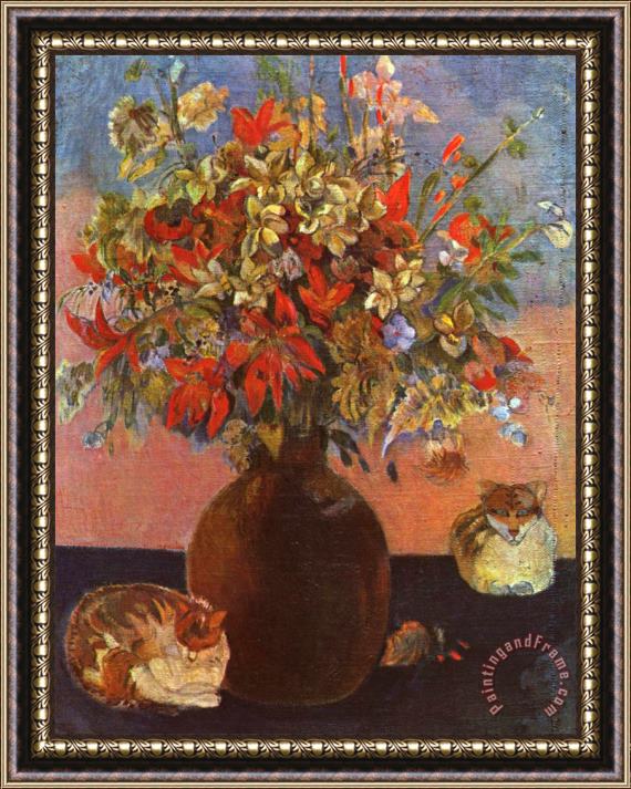 Paul Gauguin Flowers And Cats Framed Painting
