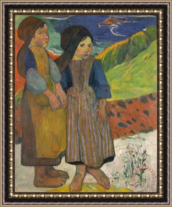 Paul Gauguin Two Breton Girls by The Sea Framed Painting