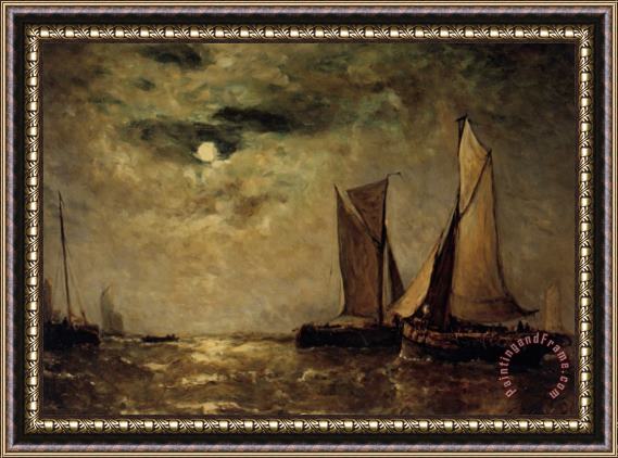 Paul Jean Clays Shipping Off The Coast in The Moonlight Framed Painting