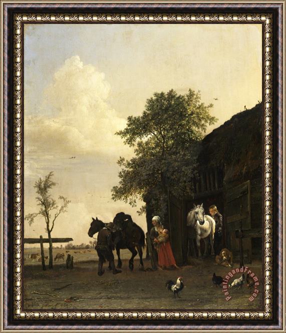 Paulus Potter Figures with Horses by a Stable Framed Painting