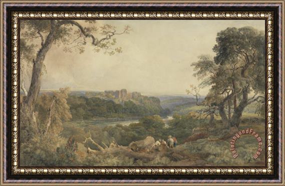 Peter de Wint Castle above a River - Woodcutters in the Foreground Framed Print