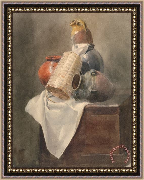 Peter de Wint Still Life Pots, Basket And Cloth on a Chest Framed Painting