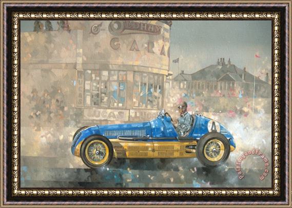 Peter Miller Blue and Yellow Maserati of Bira Framed Painting