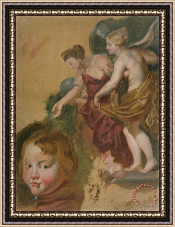 Peter Paul Rubens Studieblad Met Maria Dei Medici's Gelukkige Regering, Een Jongenskopje En Twee Manskoppen. Framed Print