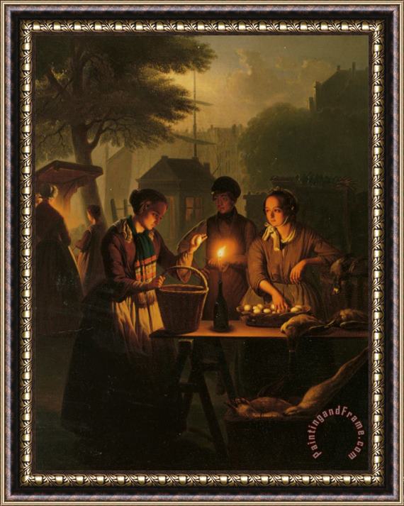Petrus Van Schendel An Evening Market Framed Painting