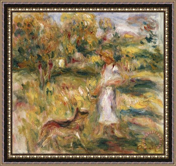 Pierre Auguste Renoir Landscape with a Woman in Blue Framed Painting