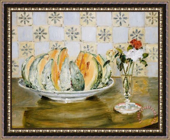Pierre Auguste Renoir Still Life Of A Melon And A Vase Of Flowers Framed Painting