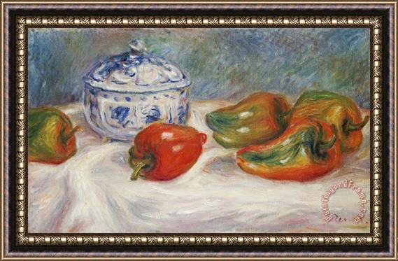 Pierre Auguste Renoir Still Life with a Blue Sugar Bowl And Peppers Framed Painting
