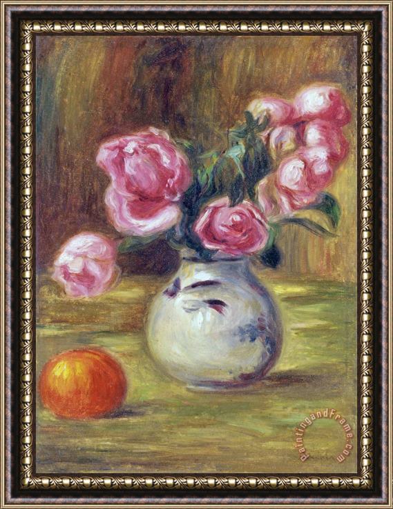 Pierre Auguste Renoir Vase De Roses Et Orange Framed Painting