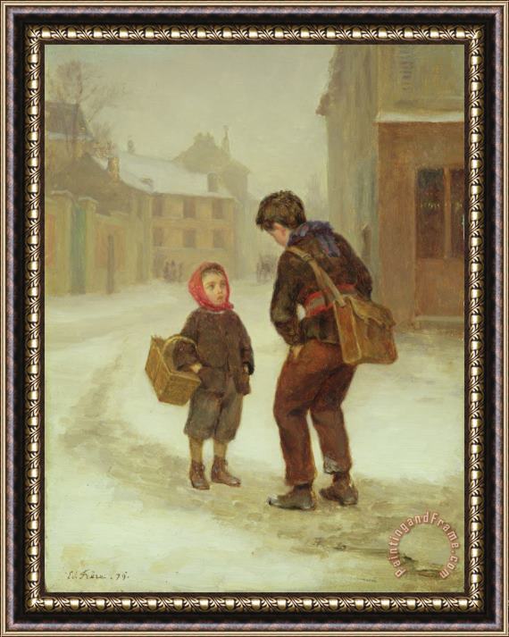 Pierre Edouard Frere On the way to school in the snow Framed Painting