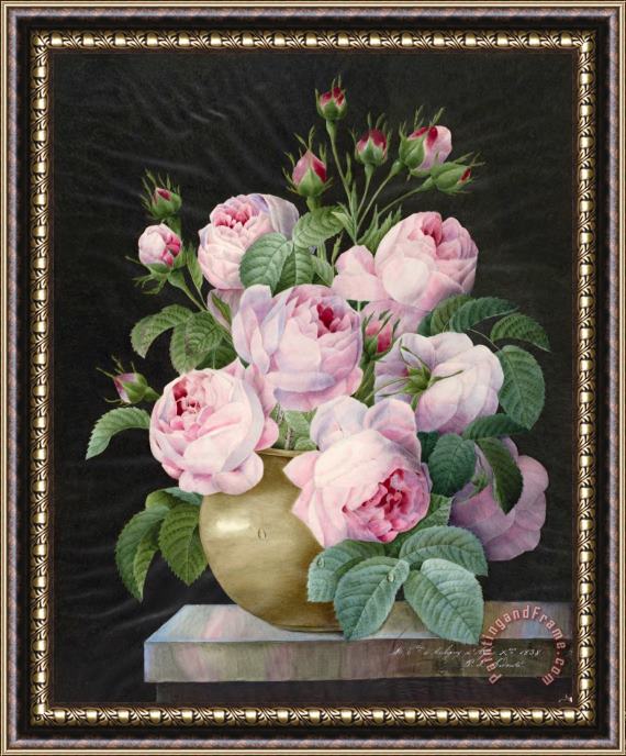 Pierre Joseph Redoute Pink Roses in a Vase Framed Painting