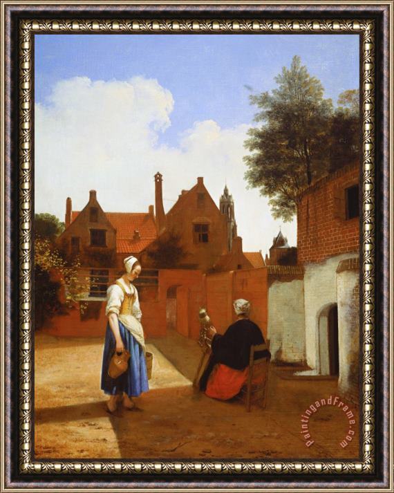 Pieter de Hooch Courtyard in Delft at Evening a Woman Spinning Framed Painting