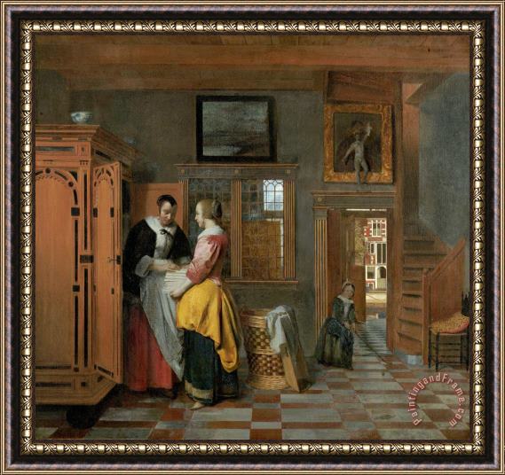 Pieter de Hooch Interior with Women Beside a Linen Cupboard Framed Painting