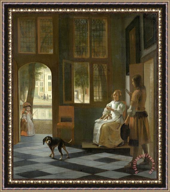 Pieter de Hooch Man Handing a Letter to a Woman in The Entrance Hall of a House Framed Painting