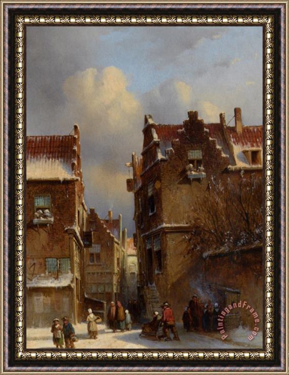 Pieter Gerard Vertin Figures Buying Chestnuts at a Stall in a Wintry Town Framed Print