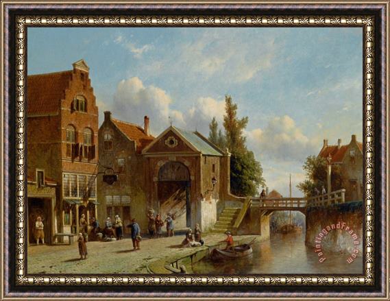 Pieter Gerard Vertin Figures in The Quay of a Dutch Town Framed Painting