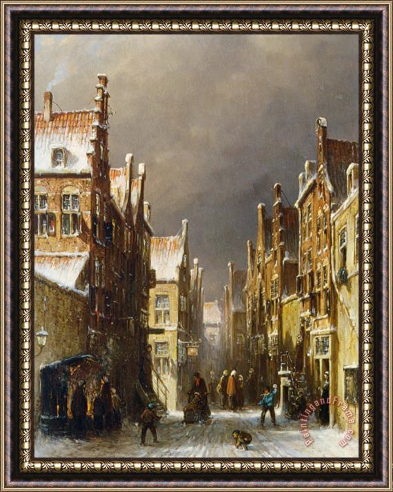 Pieter Gerard Vertin Figures in The Snow Covered Streets of a Dutch Town Framed Painting