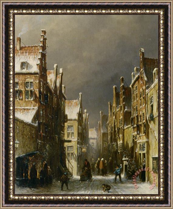 Pieter Gerard Vertin Figures in The Snow Covered Streets of a Dutch Town Framed Print