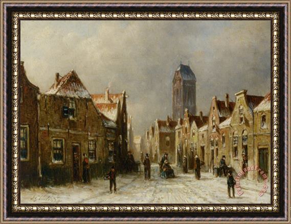 Pieter Gerard Vertin Figures in The Streets of a Snow Covered Dutch Town Framed Painting