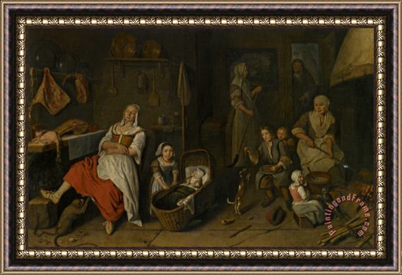 Pieter Gerritsz. Van Roestraeten A Kitchen Interior with a Woman Cooking at The Hearth Children Playing And a Woman Resting by The Butchers Table Framed Print