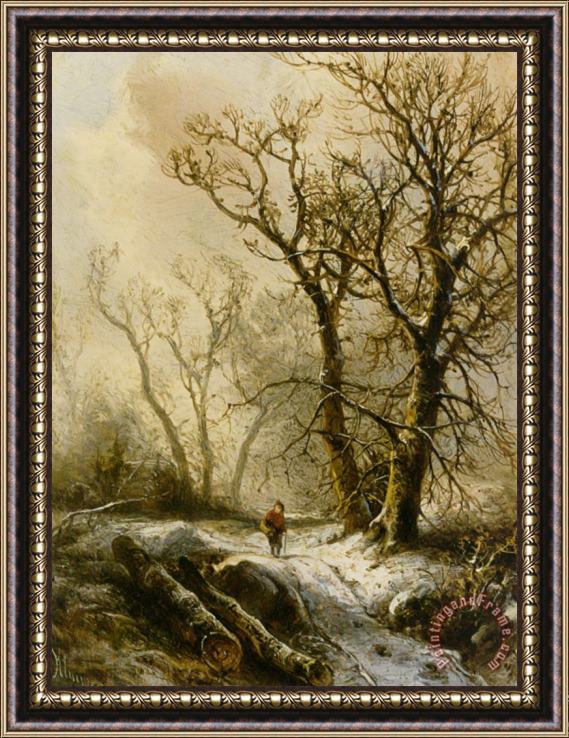 Pieter Lodewijk Francisco Kluyver A Figure in a Snowy Forest Landscape Framed Painting