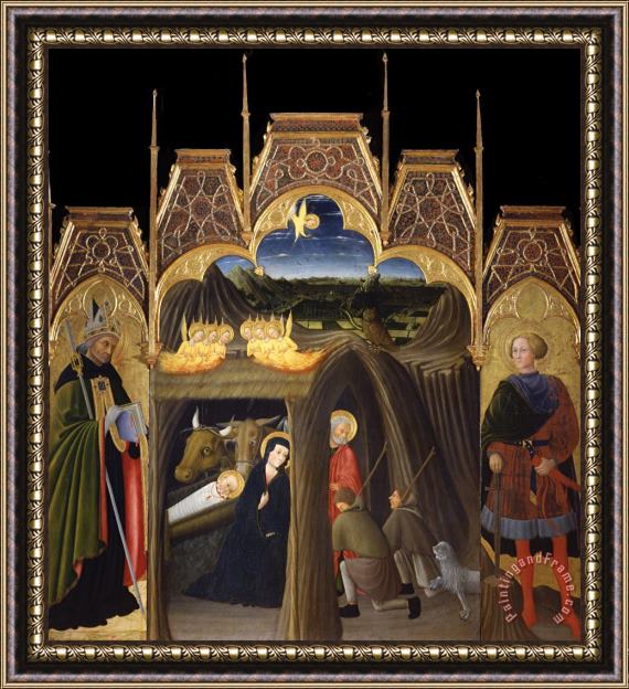 Pietro di Giovanni d'Ambrogio Adoration of The Shepherds Between Saints Augustin And Galgano Framed Print