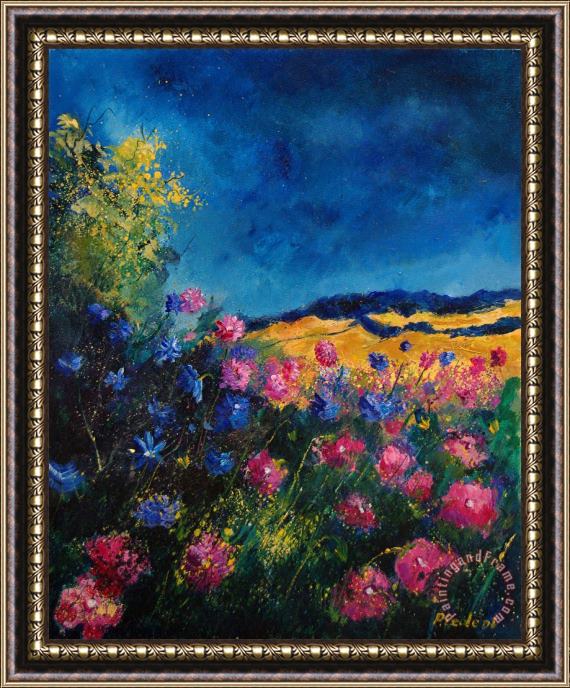 Pol Ledent Blue and pink flowers Framed Painting