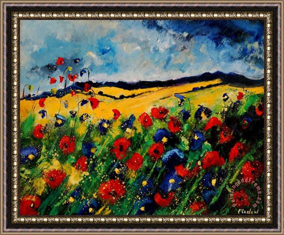 Pol Ledent Blue and red poppies 45 Framed Painting