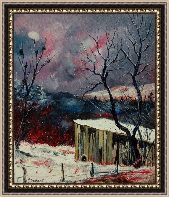 Pol Ledent Old barn in winter Framed Painting