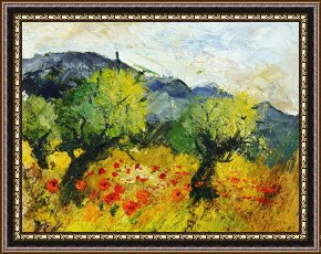 Olive Trees And Poppies Framed Paintings - Olive trees and poppies by Pol Ledent