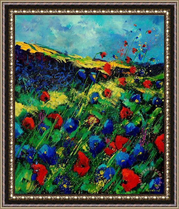 Pol Ledent Red and blue poppies 56 Framed Painting