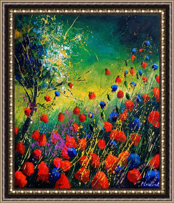 Pol Ledent Red And Blue Poppies Framed Painting