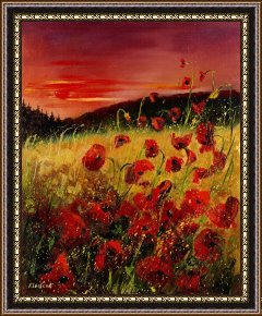 Olive Trees And Poppies Framed Paintings - Red poppies and sunset by Pol Ledent
