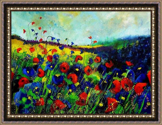 Pol Ledent Reda nd blue poppies 68 Framed Painting