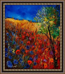 Olive Trees And Poppies Framed Paintings - Summer landscape with poppies by Pol Ledent