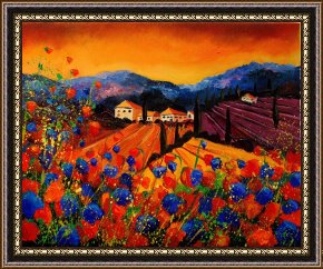 Olive Trees And Poppies Framed Paintings - Tuscany Poppies by Pol Ledent