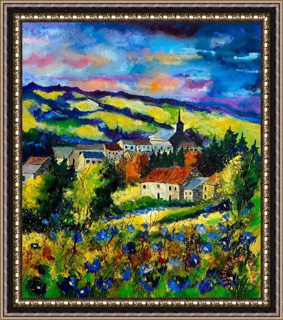 Pol Ledent Village and blue poppies Framed Painting